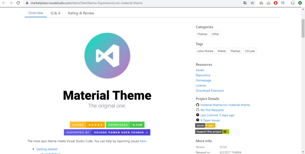 material theme visual studio code